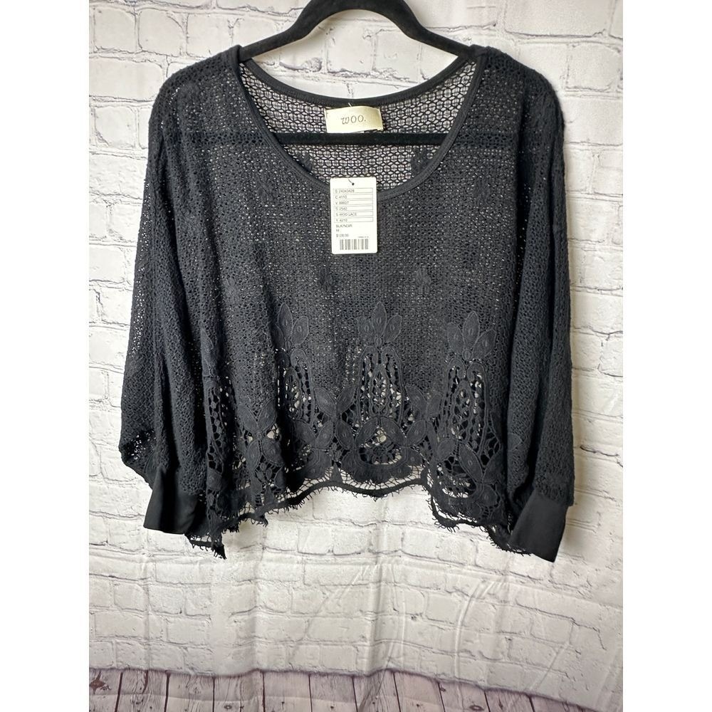Woo Black Lace Crochet Top Womens Medium NWT Cotton Boho Cropped Long Sleeve